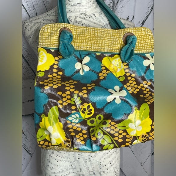 Fossil KeyPer Yellow Plaid Tulip Coated Canvas Purse Bag Tie Handles Key Charm - Picture 2 of 11